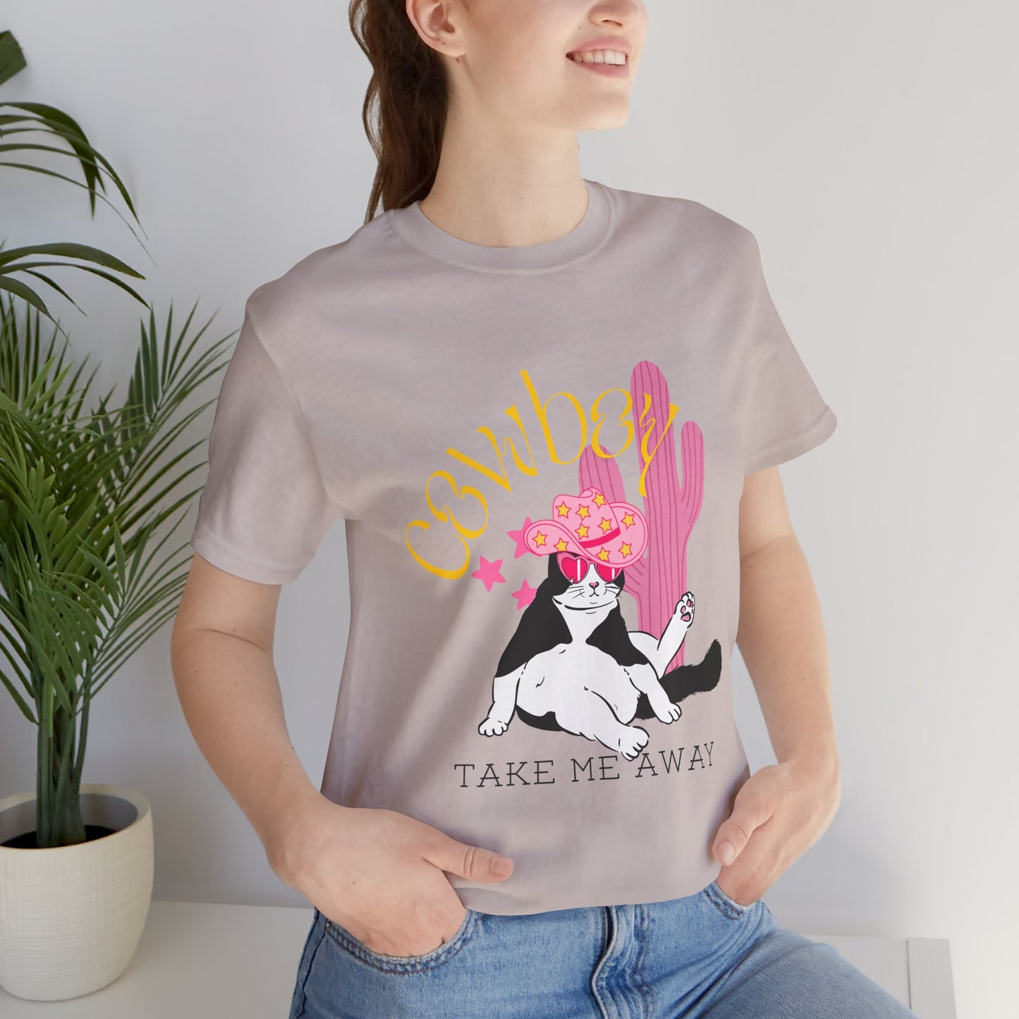 Cowgirl Cat Short Sleeve Tee - Take Me Away Graphic T-Shirt for Cat Lovers