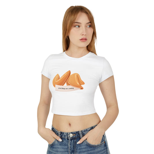 Fortune Cookie Women's Baby Tee - "Good Things Are Coming" Cute Cartoon Top for Positive Vibes