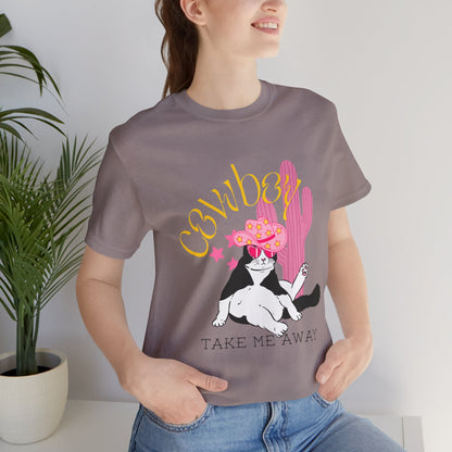 Cowgirl Cat Short Sleeve Tee - Take Me Away Graphic T-Shirt for Cat Lovers