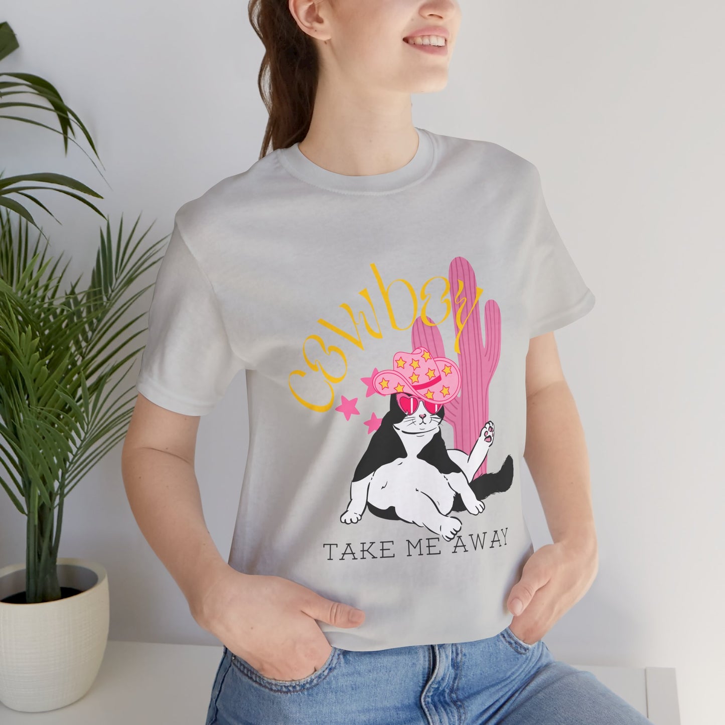 Cowgirl Cat Short Sleeve Tee - Take Me Away Graphic T-Shirt for Cat Lovers