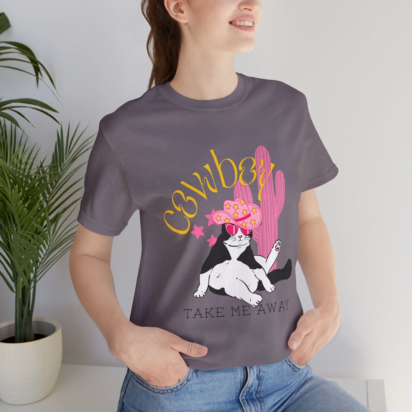 Cowgirl Cat Short Sleeve Tee - Take Me Away Graphic T-Shirt for Cat Lovers