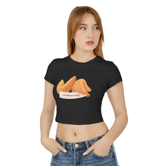 Fortune Cookie Women's Baby Tee - "Good Things Are Coming" Cute Cartoon Top for Positive Vibes