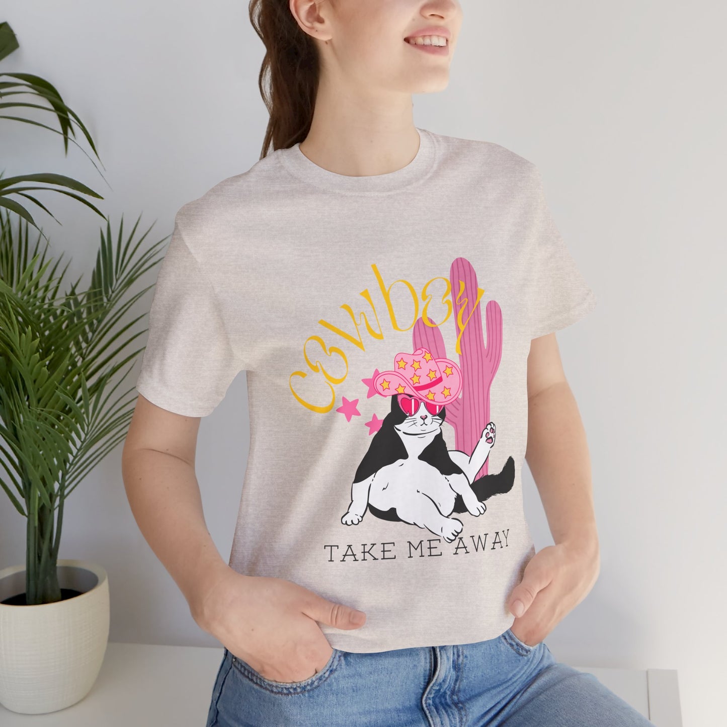 Cowgirl Cat Short Sleeve Tee - Take Me Away Graphic T-Shirt for Cat Lovers