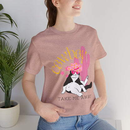 Cowgirl Cat Short Sleeve Tee - Take Me Away Graphic T-Shirt for Cat Lovers